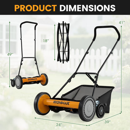 18 Inch Push Reel Mower, 4-Position Adjustable, Removable Grass Catcher, Orange Lawn Care Tools at Gallery Canada