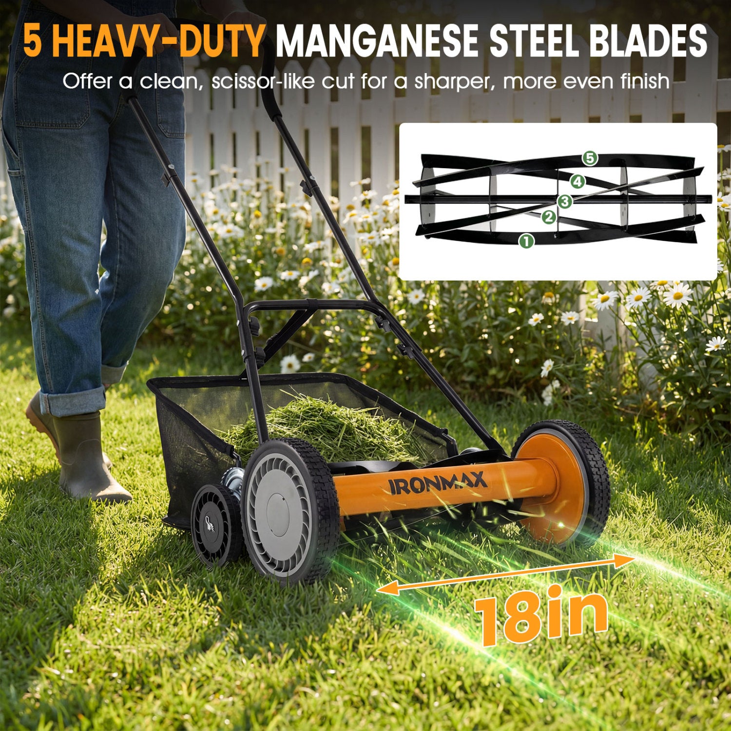 18 Inch Push Reel Mower, 4-Position Adjustable, Removable Grass Catcher, Orange Lawn Care Tools at Gallery Canada