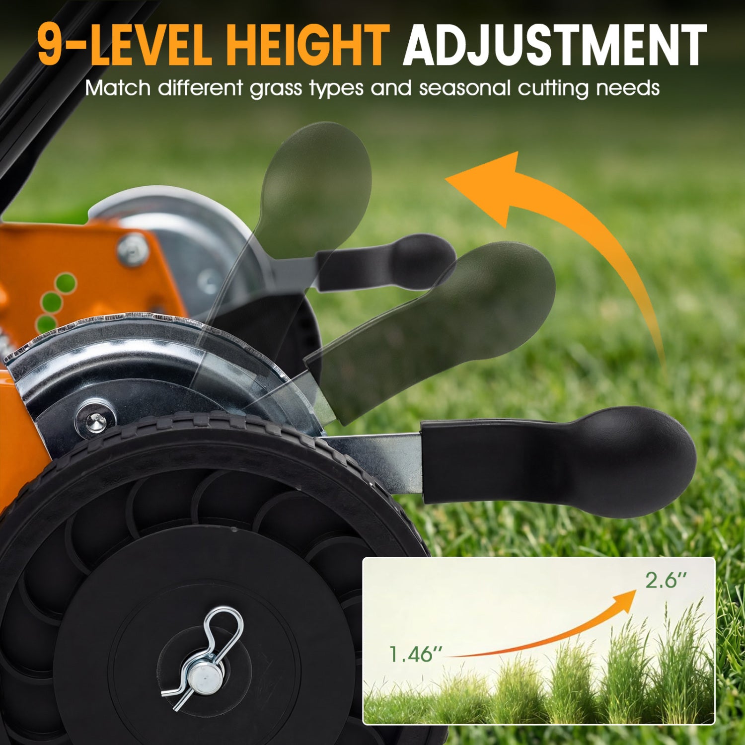 18 Inch Push Reel Mower, 4-Position Adjustable, Removable Grass Catcher, Orange Lawn Care Tools at Gallery Canada