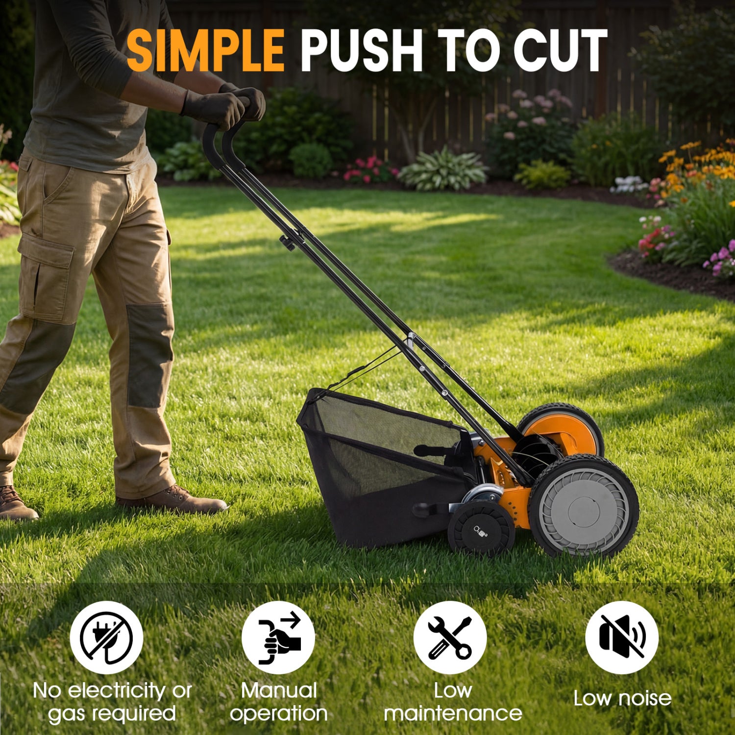 18 Inch Push Reel Mower, 4-Position Adjustable, Removable Grass Catcher, Orange Lawn Care Tools at Gallery Canada