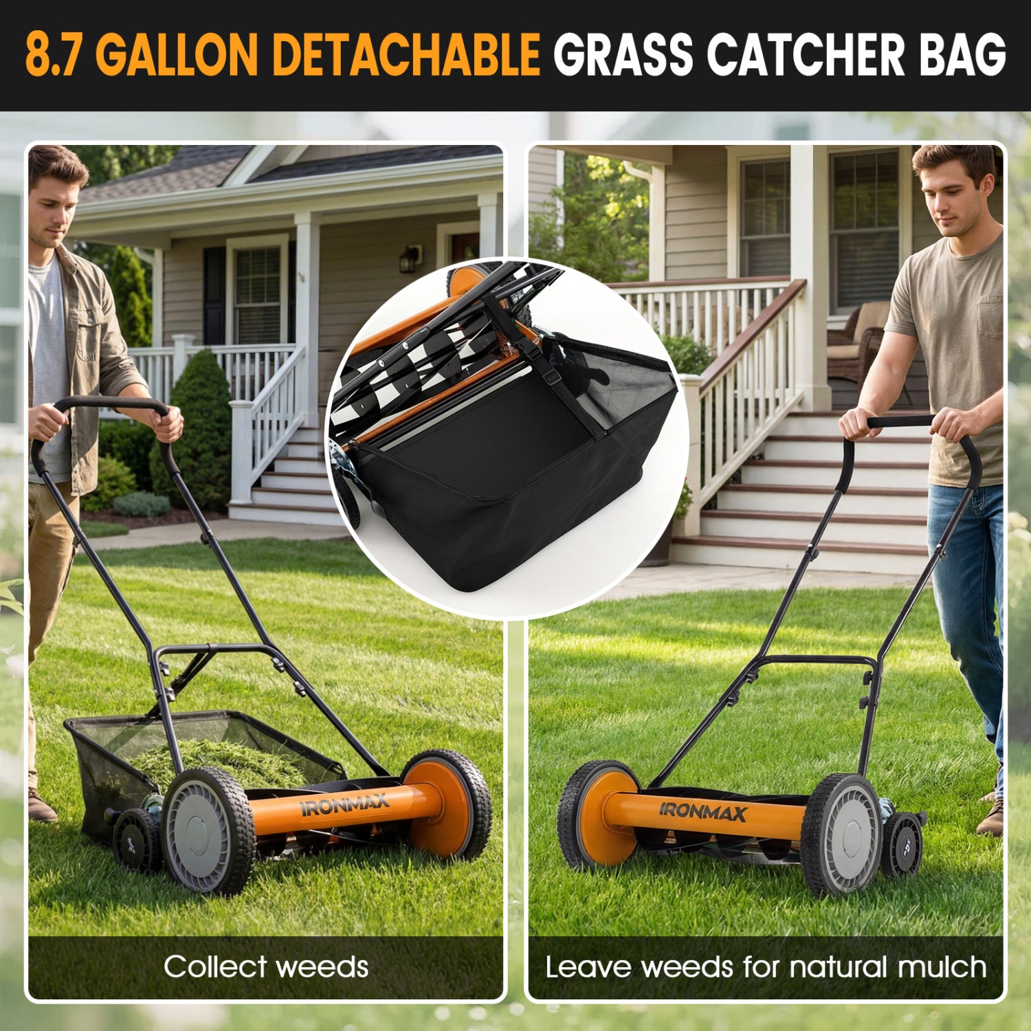 18 Inch Push Reel Mower, 4-Position Adjustable, Removable Grass Catcher, Orange Lawn Care Tools at Gallery Canada