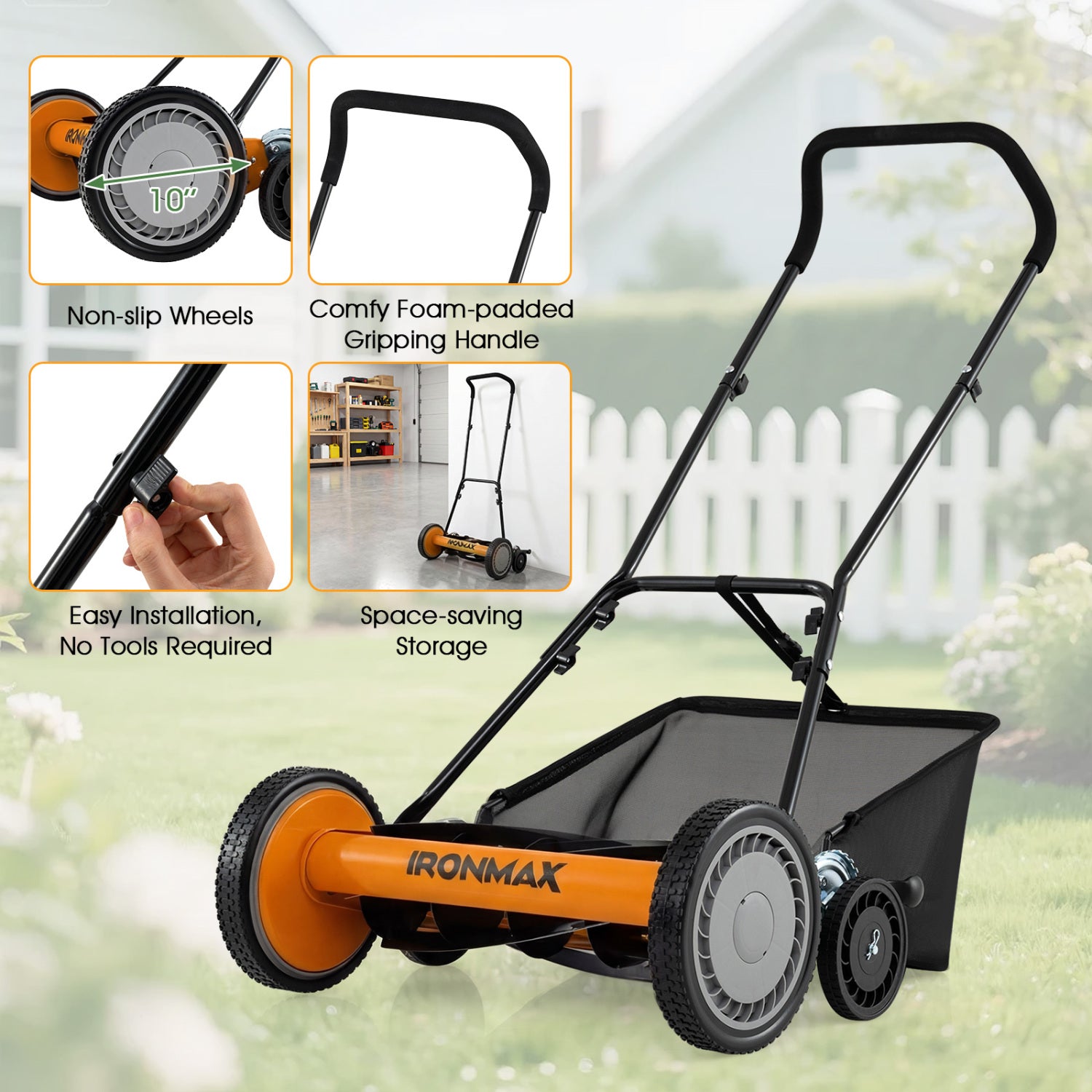 18 Inch Push Reel Mower, 4-Position Adjustable, Removable Grass Catcher, Orange Lawn Care Tools at Gallery Canada