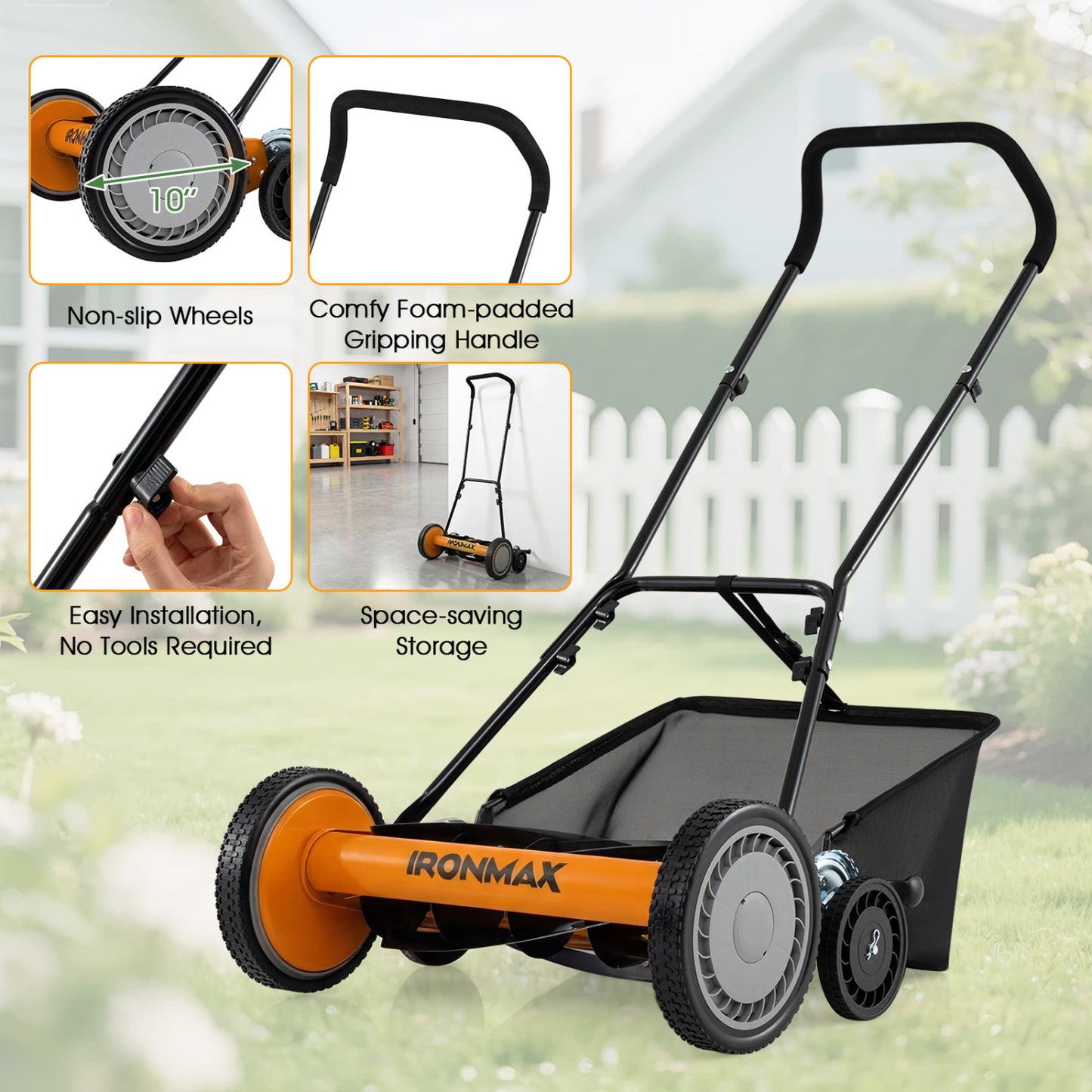 18 Inch Push Reel Mower, 4-Position Adjustable, Removable Grass Catcher, Orange Lawn Care Tools at Gallery Canada