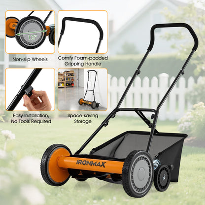 18 Inch Push Reel Mower, 4-Position Adjustable, Removable Grass Catcher, Orange Lawn Care Tools at Gallery Canada