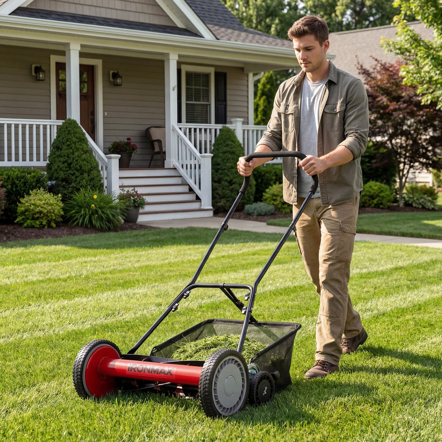 18 Inch Push Reel Mower, 4-Position Adjustable, Removable Grass Catcher, Red Lawn Care Tools at Gallery Canada