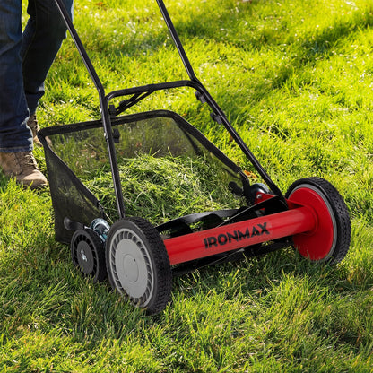 18 Inch Push Reel Mower, 4-Position Adjustable, Removable Grass Catcher, Red Lawn Care Tools at Gallery Canada