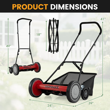 18 Inch Push Reel Mower, 4-Position Adjustable, Removable Grass Catcher, Red Lawn Care Tools at Gallery Canada