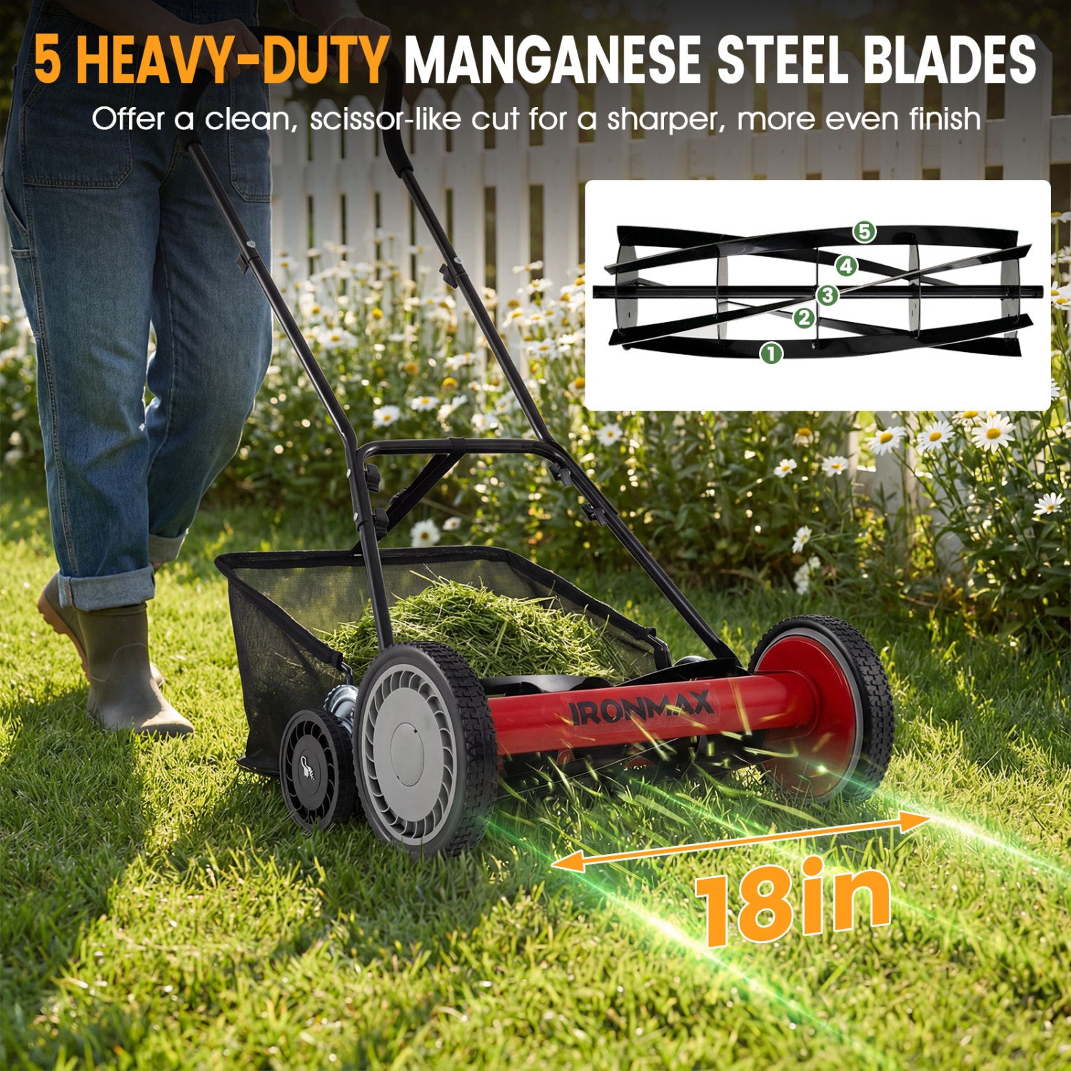 18 Inch Push Reel Mower, 4-Position Adjustable, Removable Grass Catcher, Red Lawn Care Tools at Gallery Canada