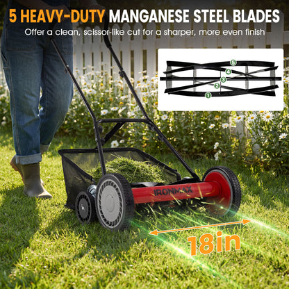 18 Inch Push Reel Mower, 4-Position Adjustable, Removable Grass Catcher, Red Lawn Care Tools at Gallery Canada