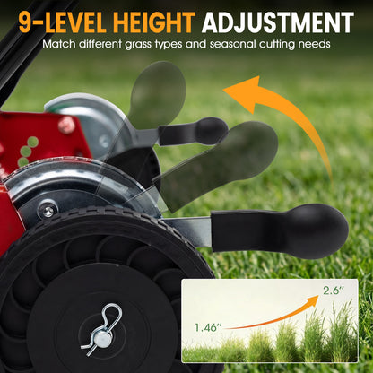 18 Inch Push Reel Mower, 4-Position Adjustable, Removable Grass Catcher, Red Lawn Care Tools at Gallery Canada