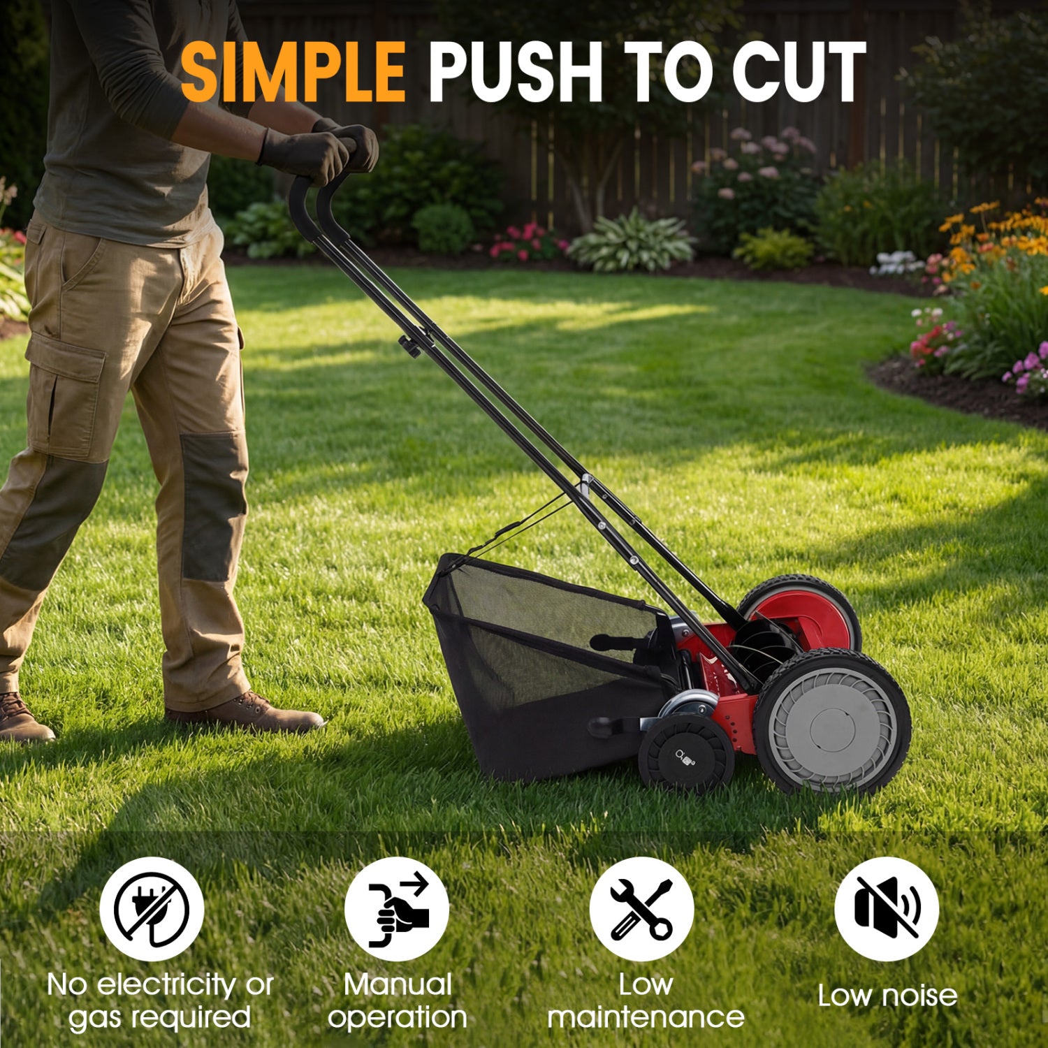 18 Inch Push Reel Mower, 4-Position Adjustable, Removable Grass Catcher, Red Lawn Care Tools at Gallery Canada