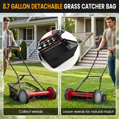 18 Inch Push Reel Mower, 4-Position Adjustable, Removable Grass Catcher, Red Lawn Care Tools at Gallery Canada