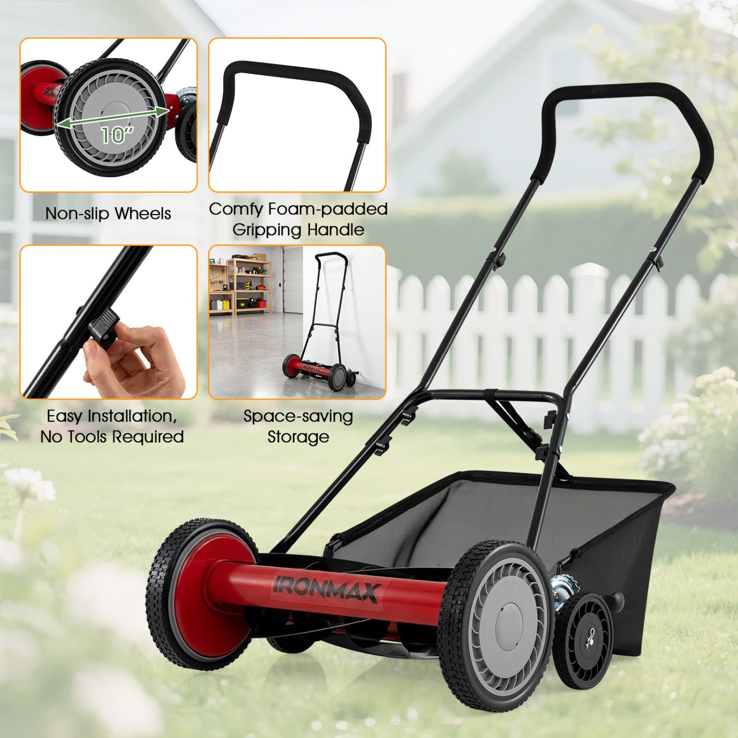 18 Inch Push Reel Mower, 4-Position Adjustable, Removable Grass Catcher, Red Lawn Care Tools at Gallery Canada