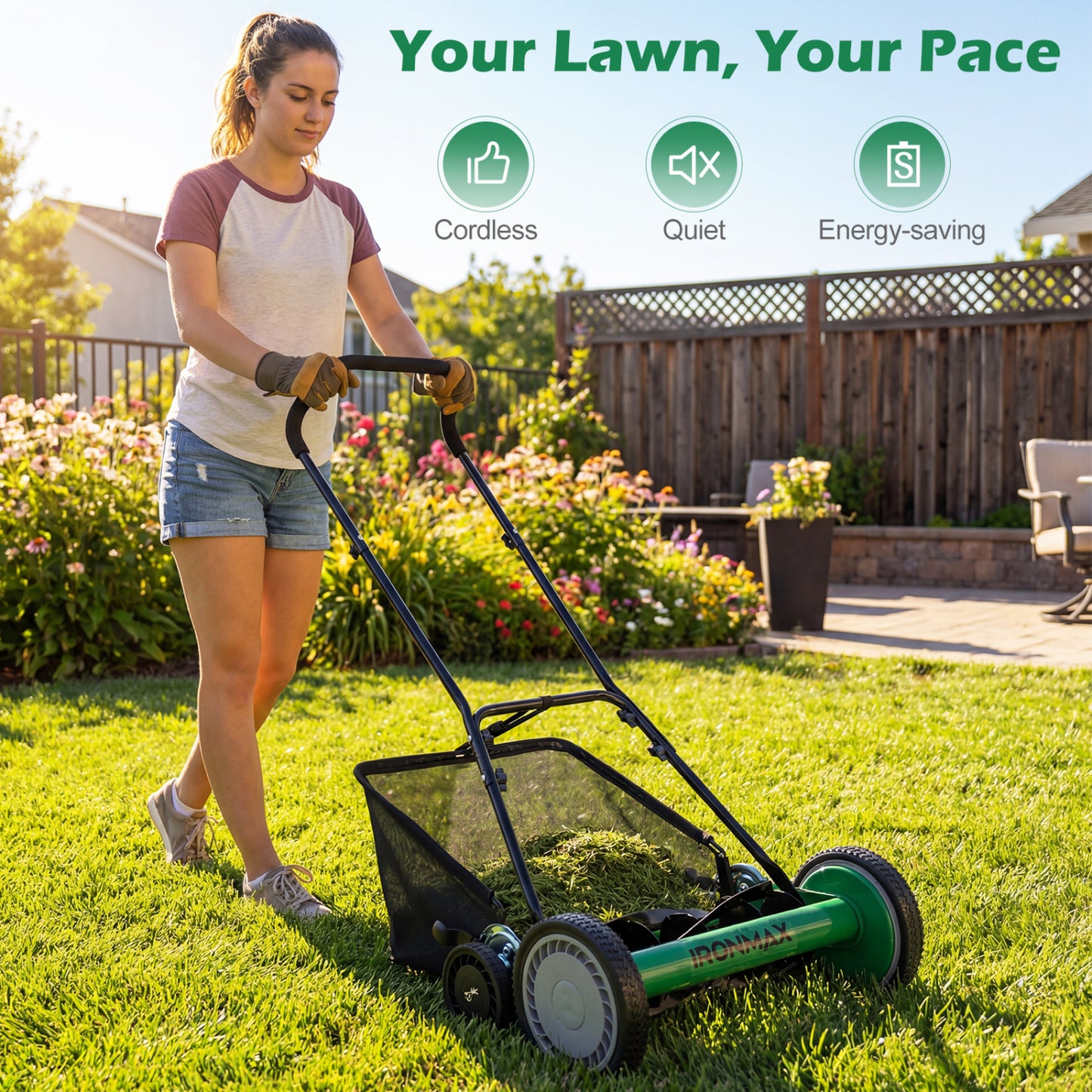 18 Inch Push Reel Lawn Mower, Adjustable, Removable Grass Catcher, Green Lawn Care Tools at Gallery Canada