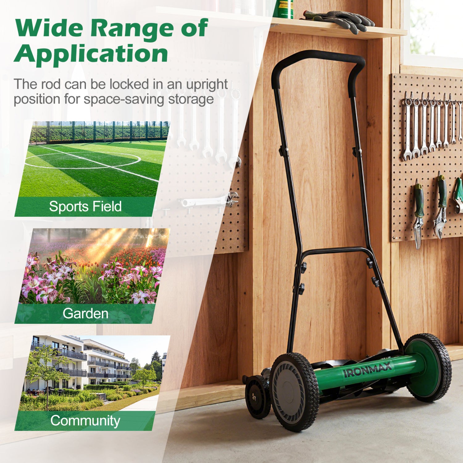 18 Inch Push Reel Lawn Mower, Adjustable, Removable Grass Catcher, Green Lawn Care Tools at Gallery Canada