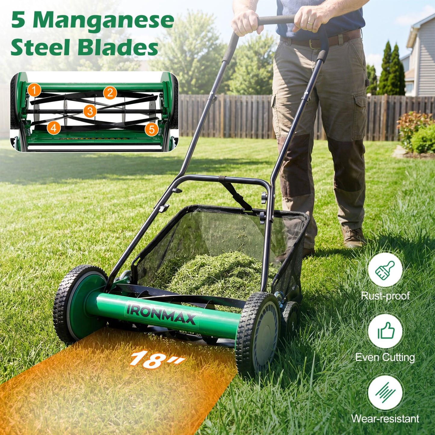 18 Inch Push Reel Lawn Mower, Adjustable, Removable Grass Catcher, Green Lawn Care Tools at Gallery Canada