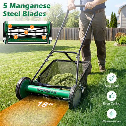 18 Inch Push Reel Lawn Mower, Adjustable, Removable Grass Catcher, Green Lawn Care Tools at Gallery Canada