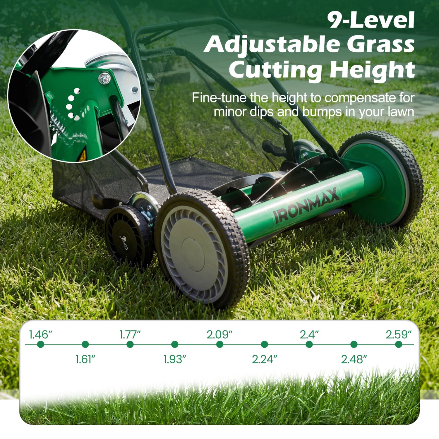 18 Inch Push Reel Lawn Mower, Adjustable, Removable Grass Catcher, Green Lawn Care Tools at Gallery Canada