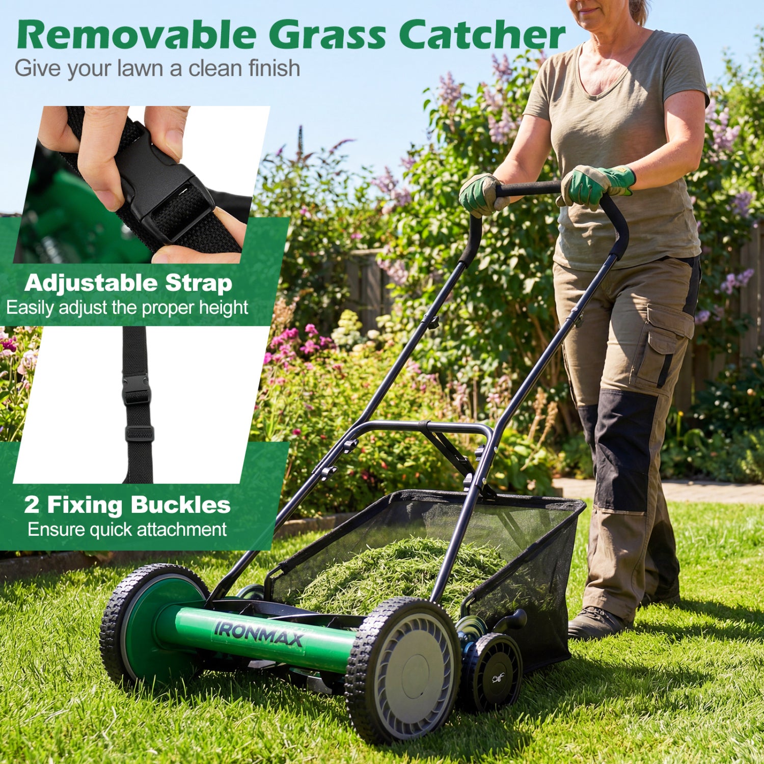 18 Inch Push Reel Lawn Mower, Adjustable, Removable Grass Catcher, Green Lawn Care Tools at Gallery Canada