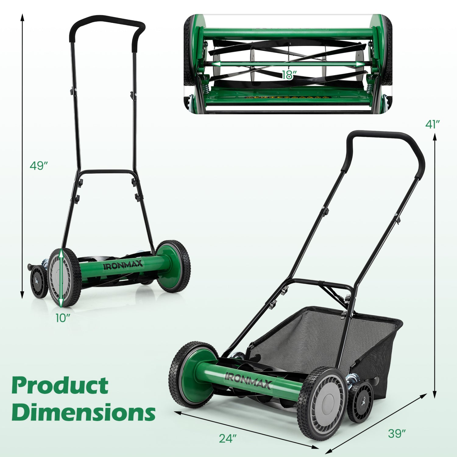 18 Inch Push Reel Lawn Mower, Adjustable, Removable Grass Catcher, Green Lawn Care Tools at Gallery Canada