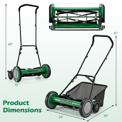 18 Inch Push Reel Lawn Mower, Adjustable, Removable Grass Catcher, Green Lawn Care Tools at Gallery Canada