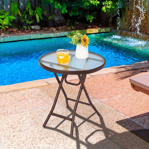 18-Inch Round Patio Side Table with Tempered Glass Top, Brown