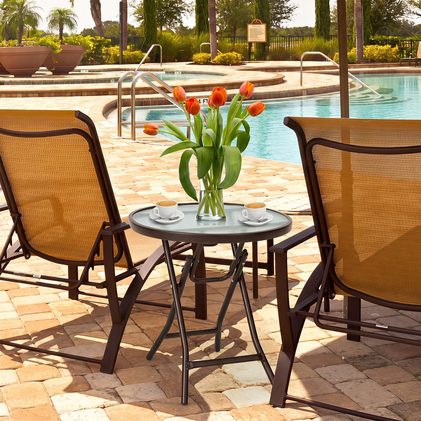 18-Inch Round Patio Side Table with Tempered Glass Top, Brown
