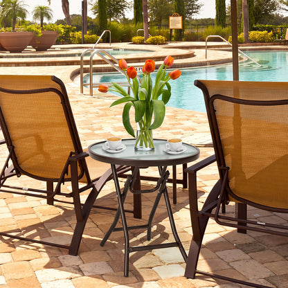 18-Inch Round Patio Side Table with Tempered Glass Top, Brown