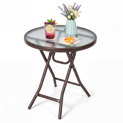 18-Inch Round Patio Side Table with Tempered Glass Top, Brown