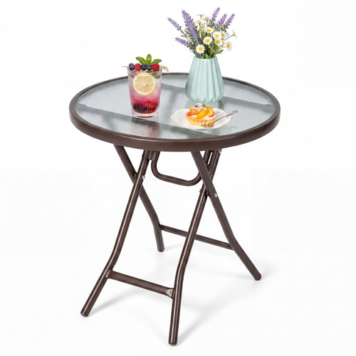 18-Inch Round Patio Side Table with Tempered Glass Top, Brown