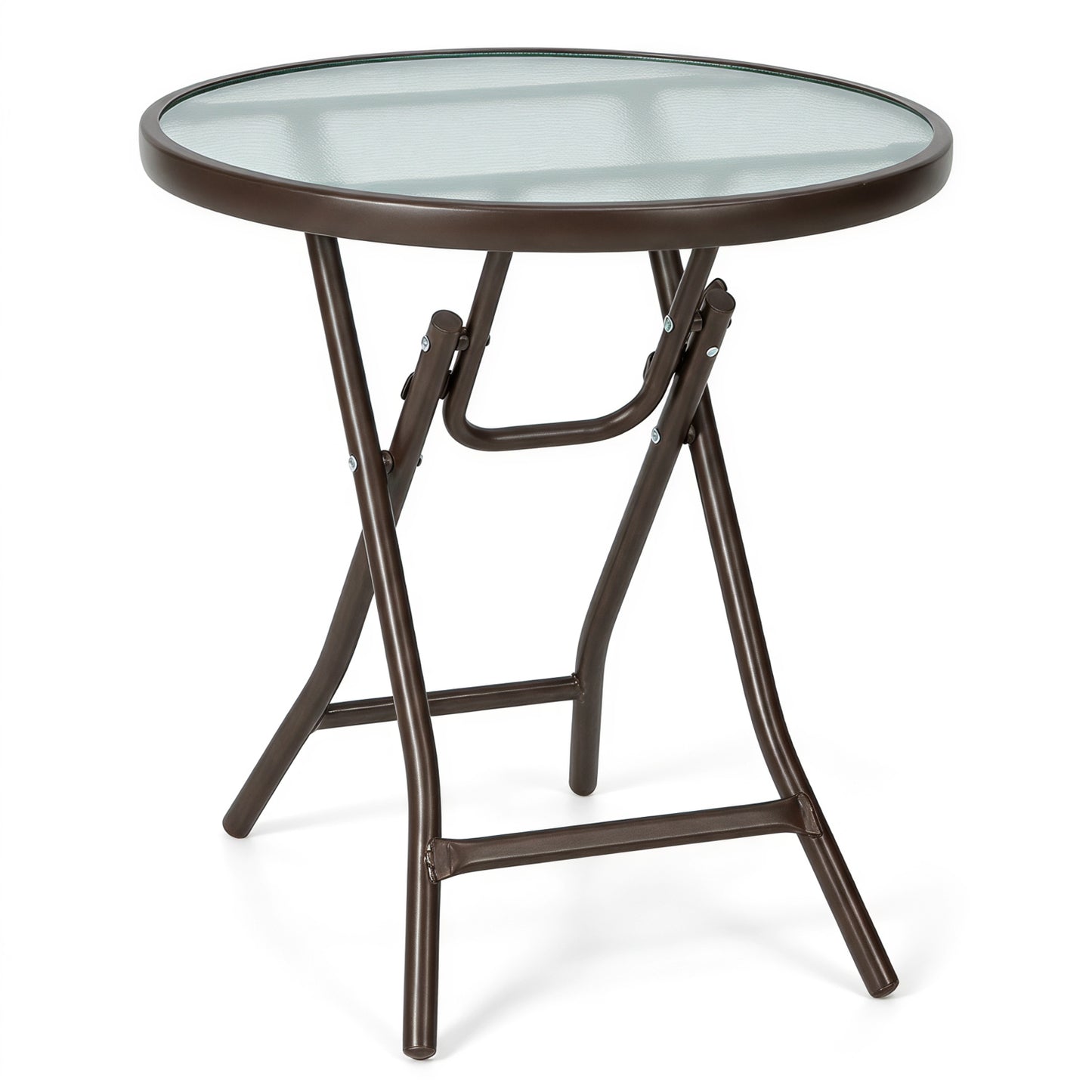 18-Inch Round Patio Side Table with Tempered Glass Top, Brown
