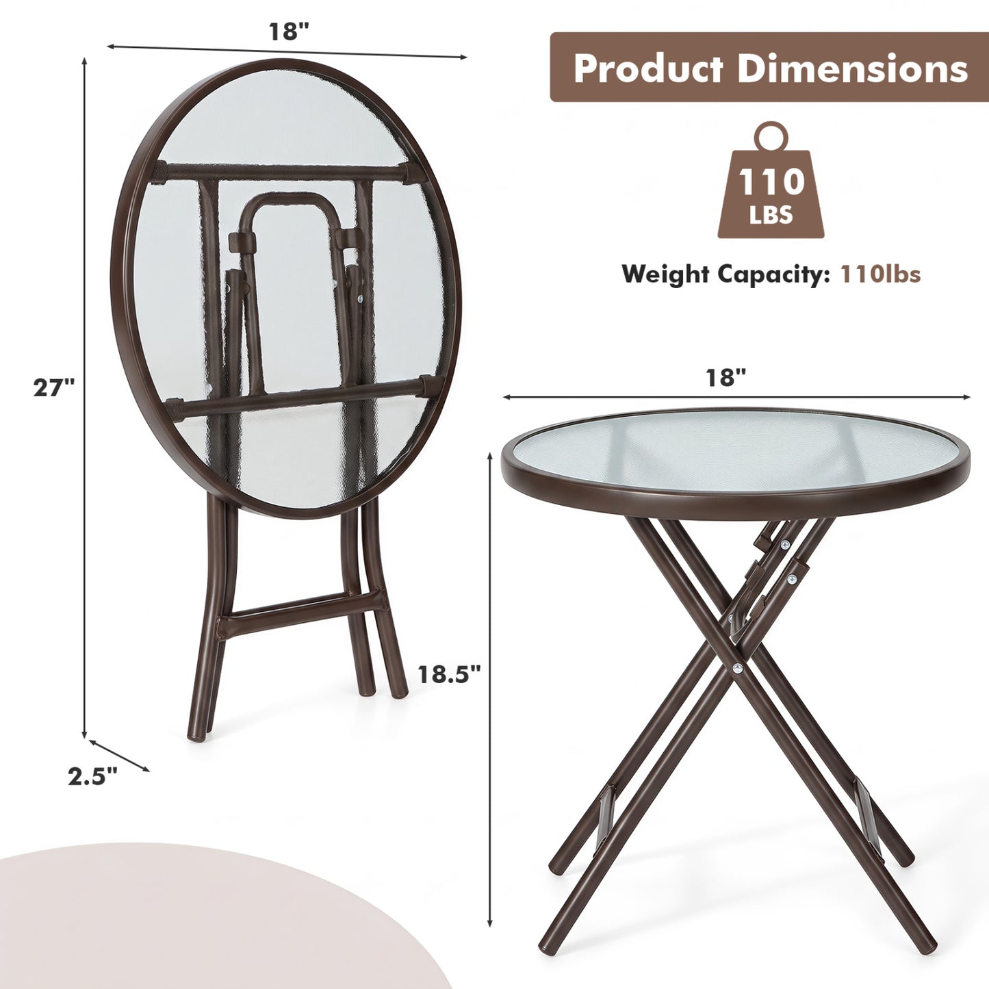 18-Inch Round Patio Side Table with Tempered Glass Top, Brown