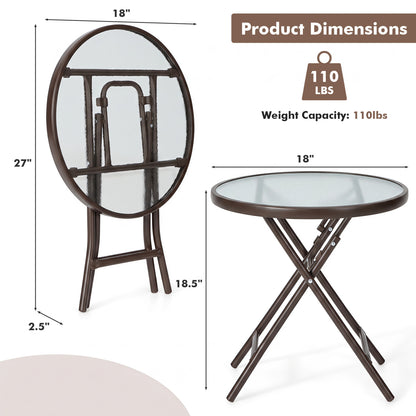 18-Inch Round Patio Side Table with Tempered Glass Top, Brown