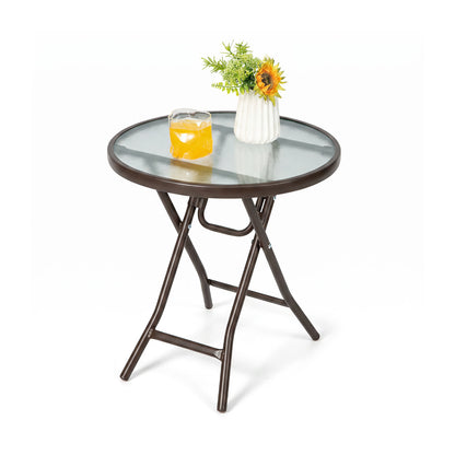 18-Inch Round Patio Side Table with Tempered Glass Top, Brown