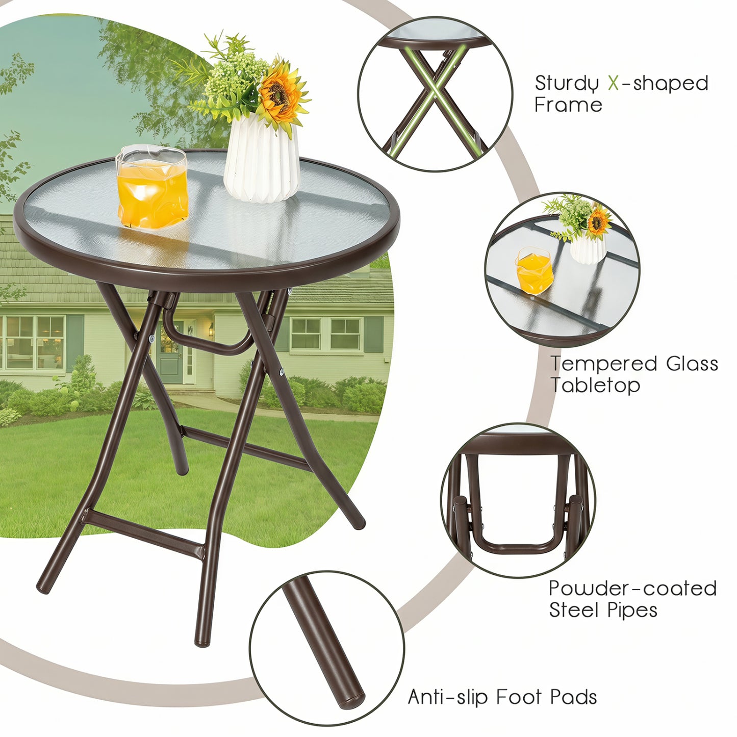 18-Inch Round Patio Side Table with Tempered Glass Top, Brown