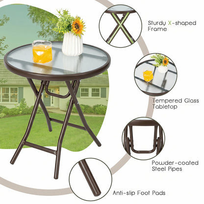 18-Inch Round Patio Side Table with Tempered Glass Top, Brown