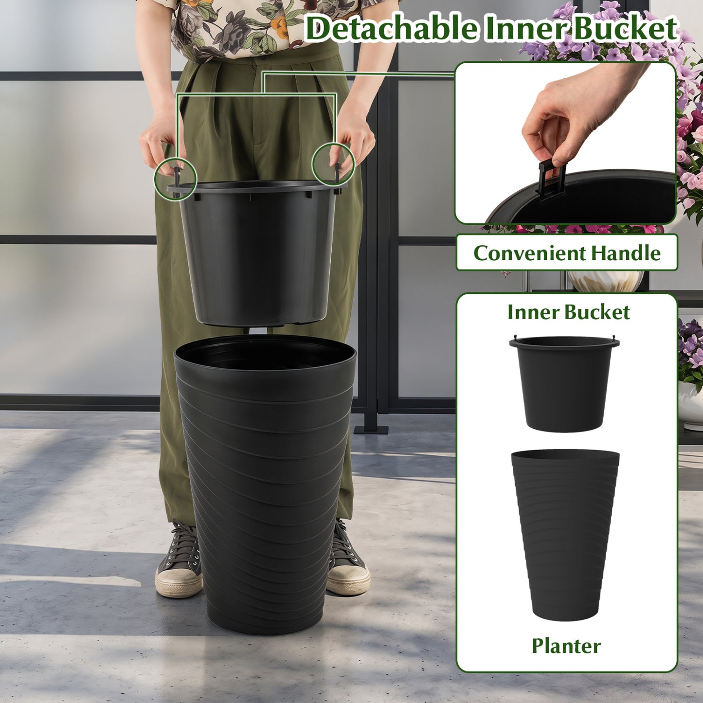 Ensemble de 2 pots de fleurs de 18" de haut avec seau d'insertion, noir