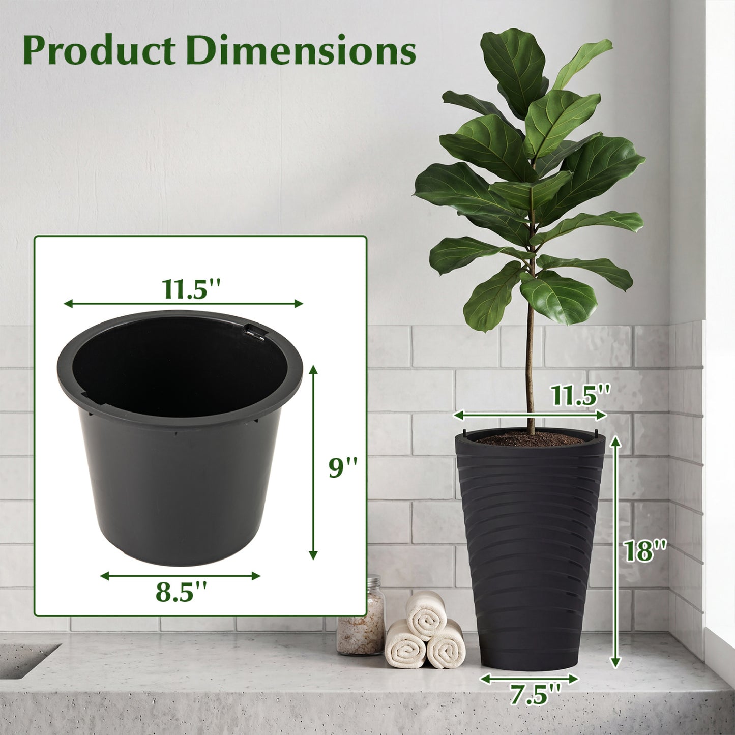 Ensemble de 2 pots de fleurs de 18" de haut avec seau d'insertion, noir
