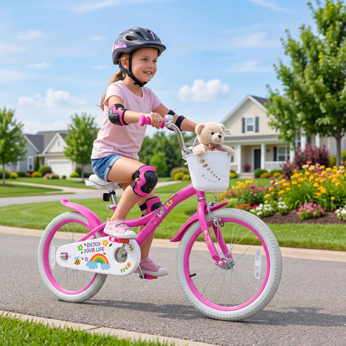 Girls Bike with Basket, Ages 4-8, Pink