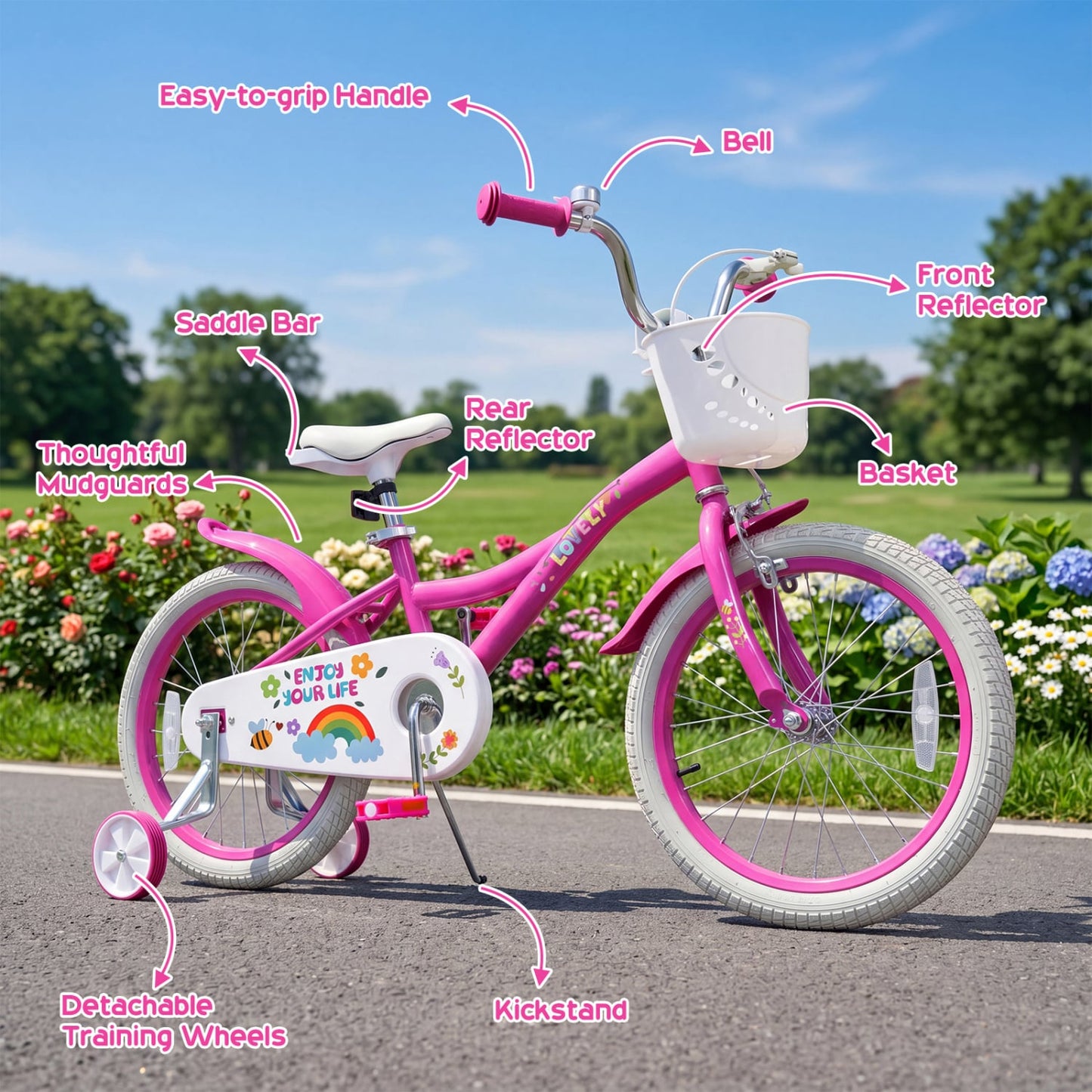 Vélo pour filles avec panier, âges 4-8, rose