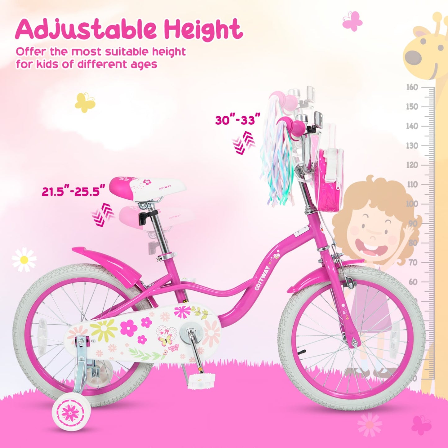 18" Girls Bike, Front Bag, Streamers, Ages 4-8, Pink