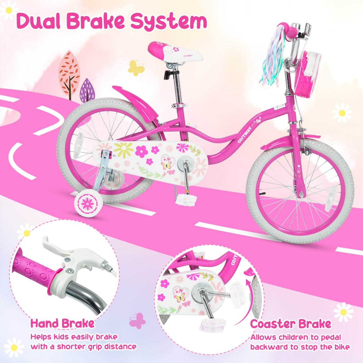 18" Girls Bike, Front Bag, Streamers, Ages 4-8, Pink