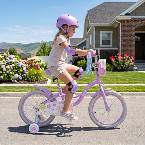 18 in Girls Bike with Front Bag, Purple