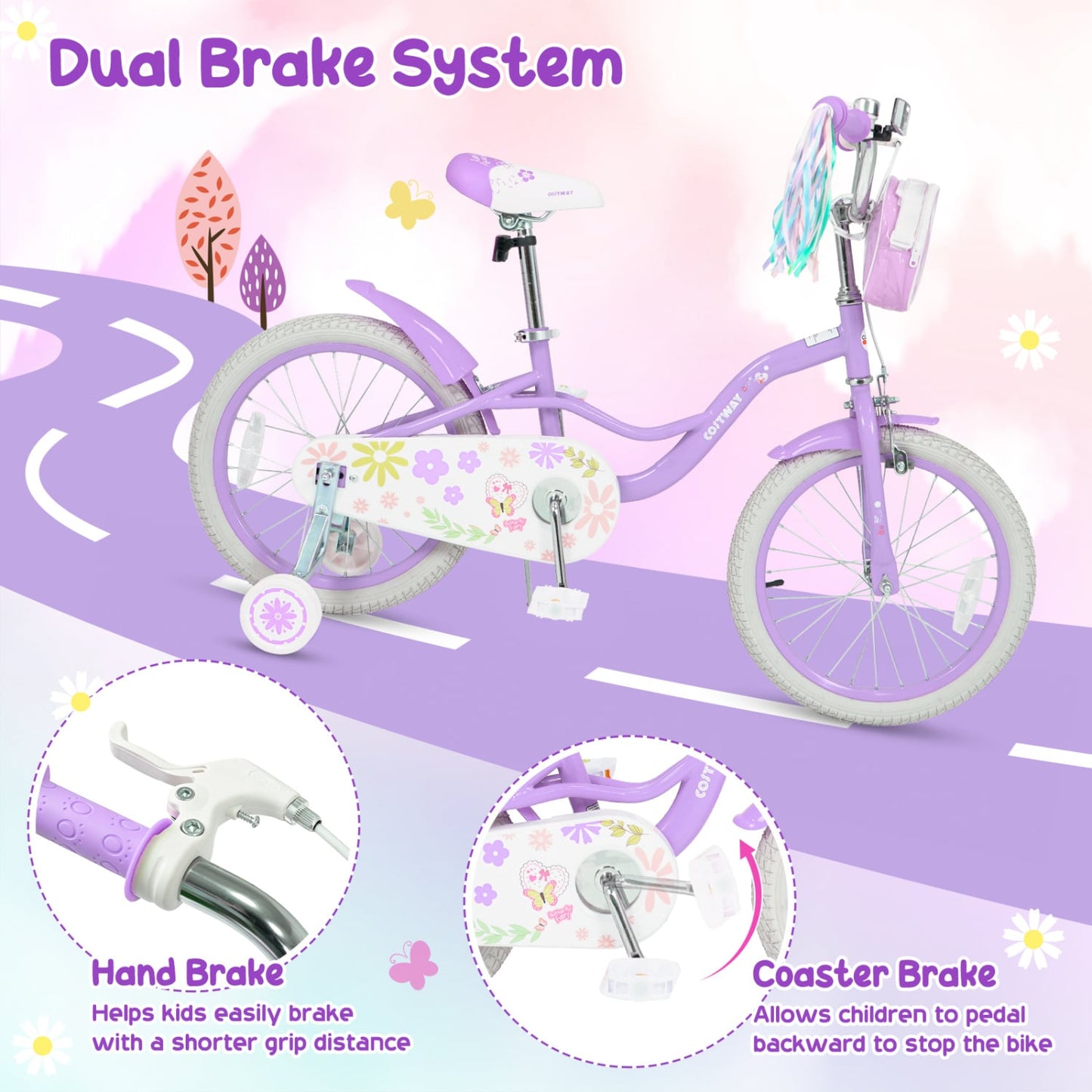 18 in Girls Bike with Front Bag, Purple