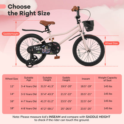 18 Inches Kids Bike With Basket, Adjustable Handlebar, 4-8 Years, Pink