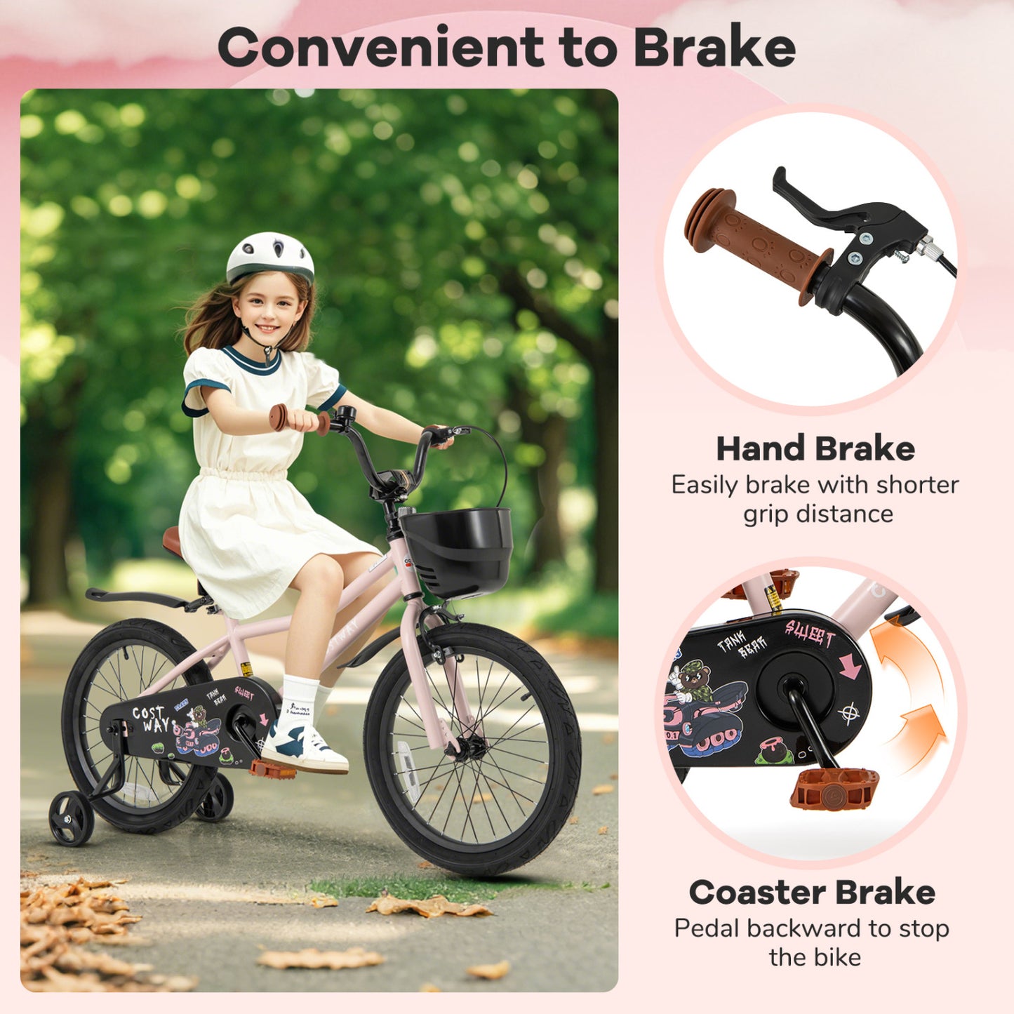 18 Inches Kids Bike With Basket, Adjustable Handlebar, 4-8 Years, Pink