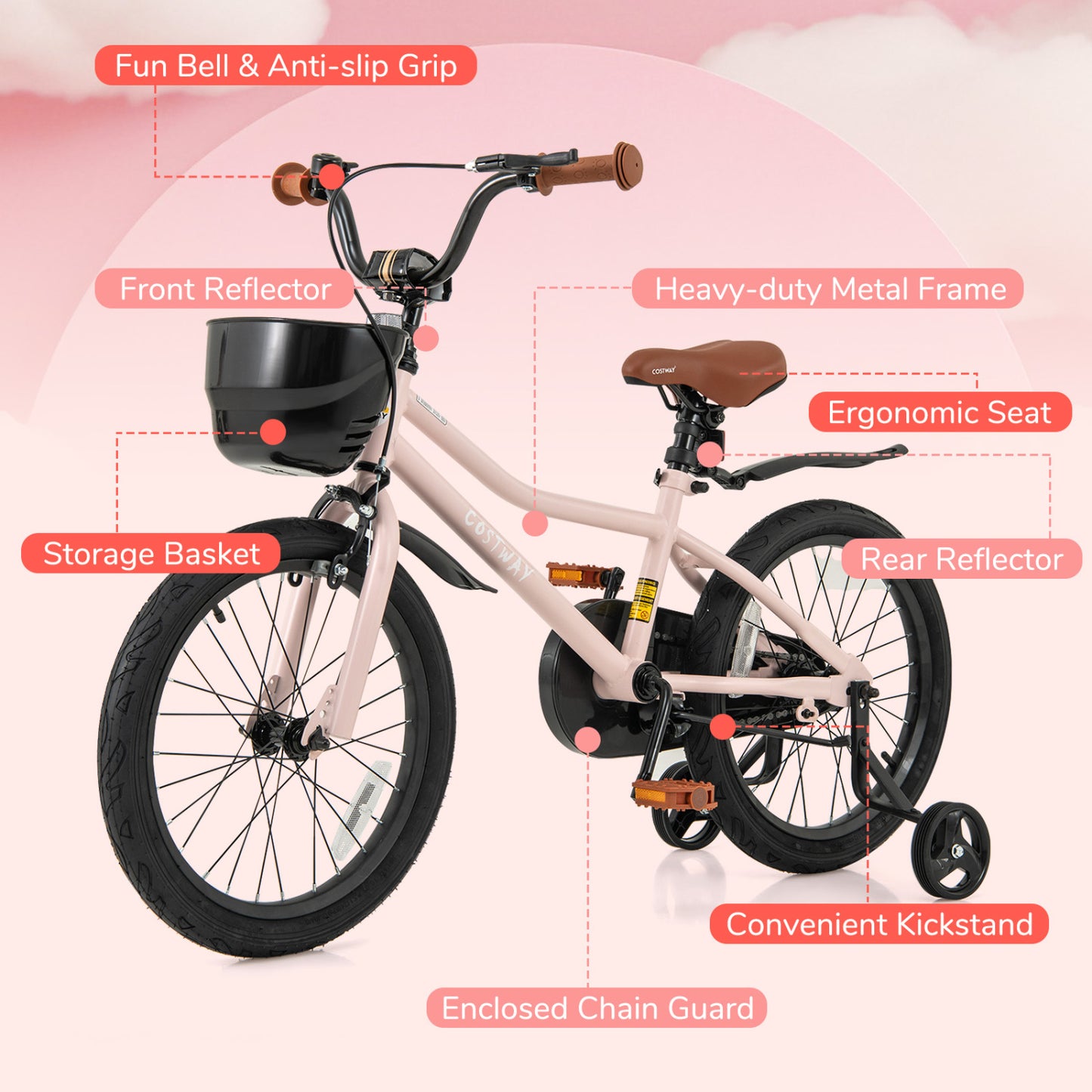 18 Inches Kids Bike With Basket, Adjustable Handlebar, 4-8 Years, Pink