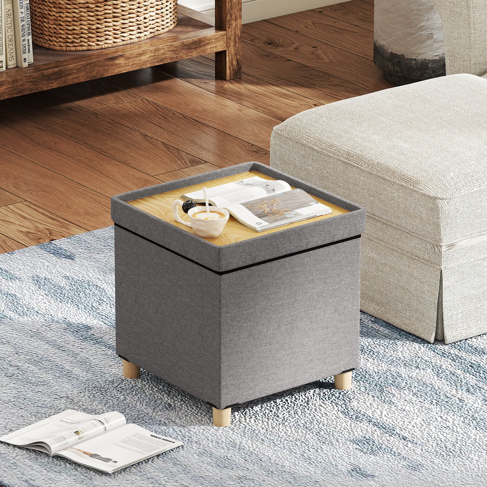 18 Inches Ottoman with Storage and Rubber Wood Legs, Gray Shoe Racks & Storage Benches at Gallery Canada