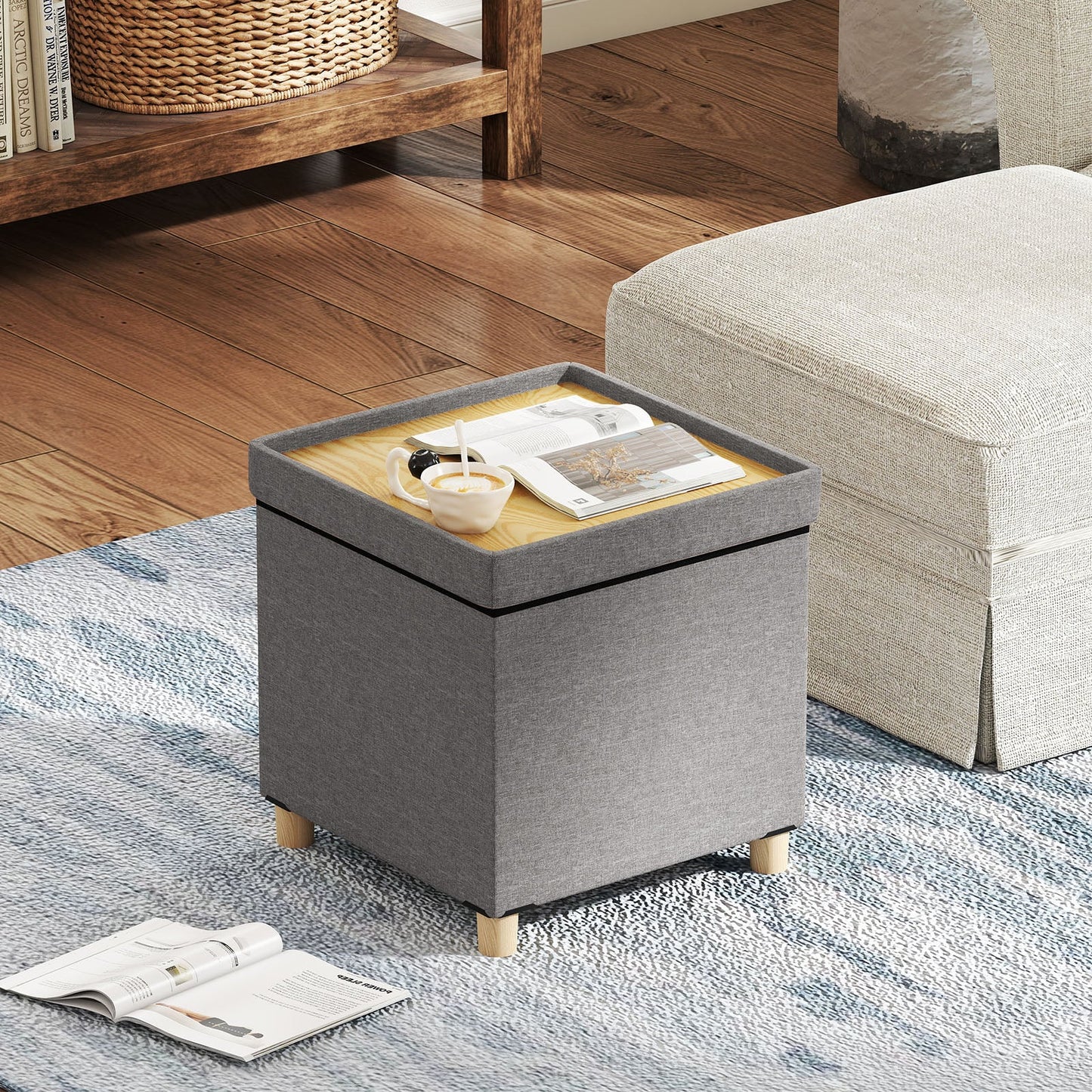 18 Inches Ottoman with Storage and Rubber Wood Legs, Gray Shoe Racks & Storage Benches at Gallery Canada