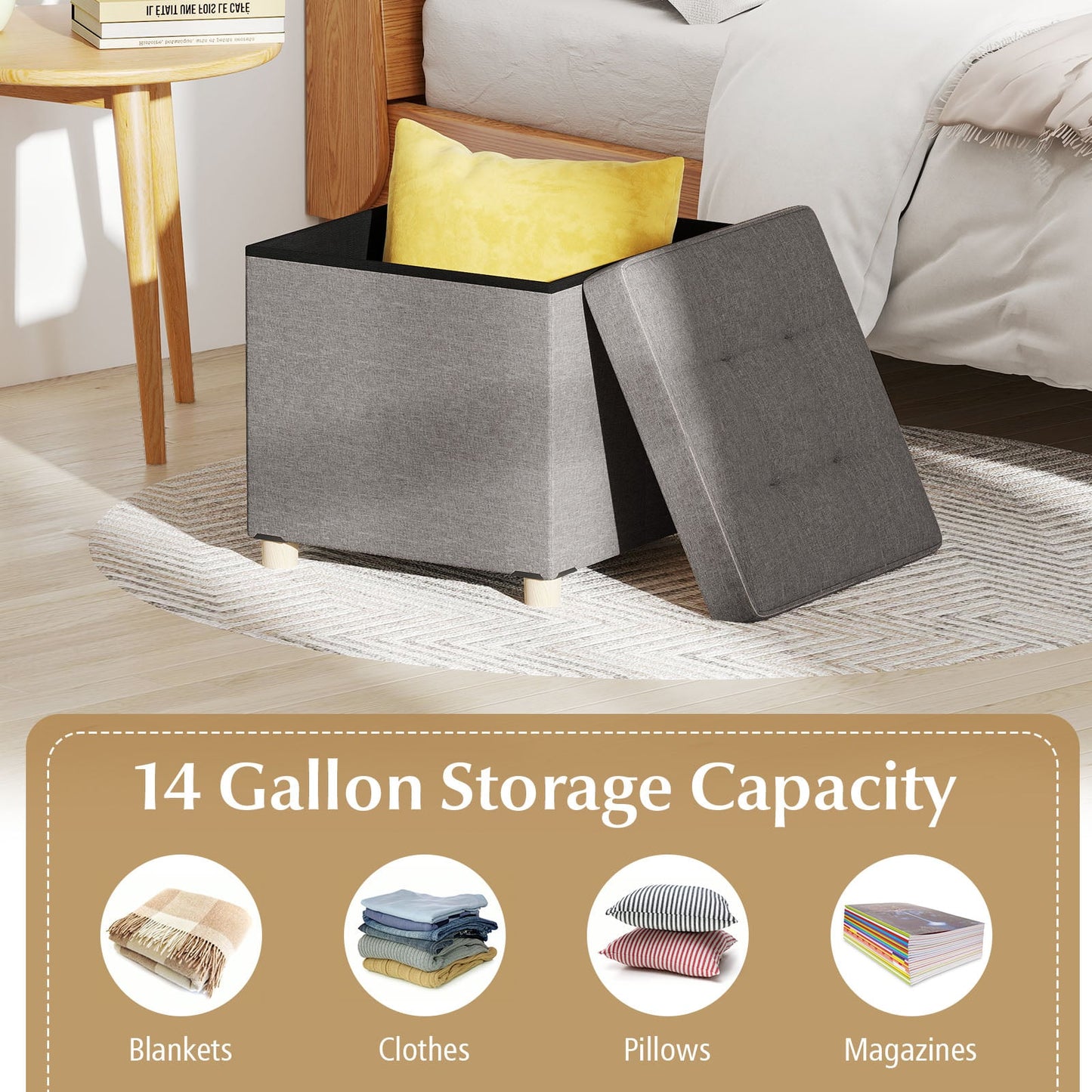 18 Inches Ottoman with Storage and Rubber Wood Legs, Gray Shoe Racks & Storage Benches at Gallery Canada